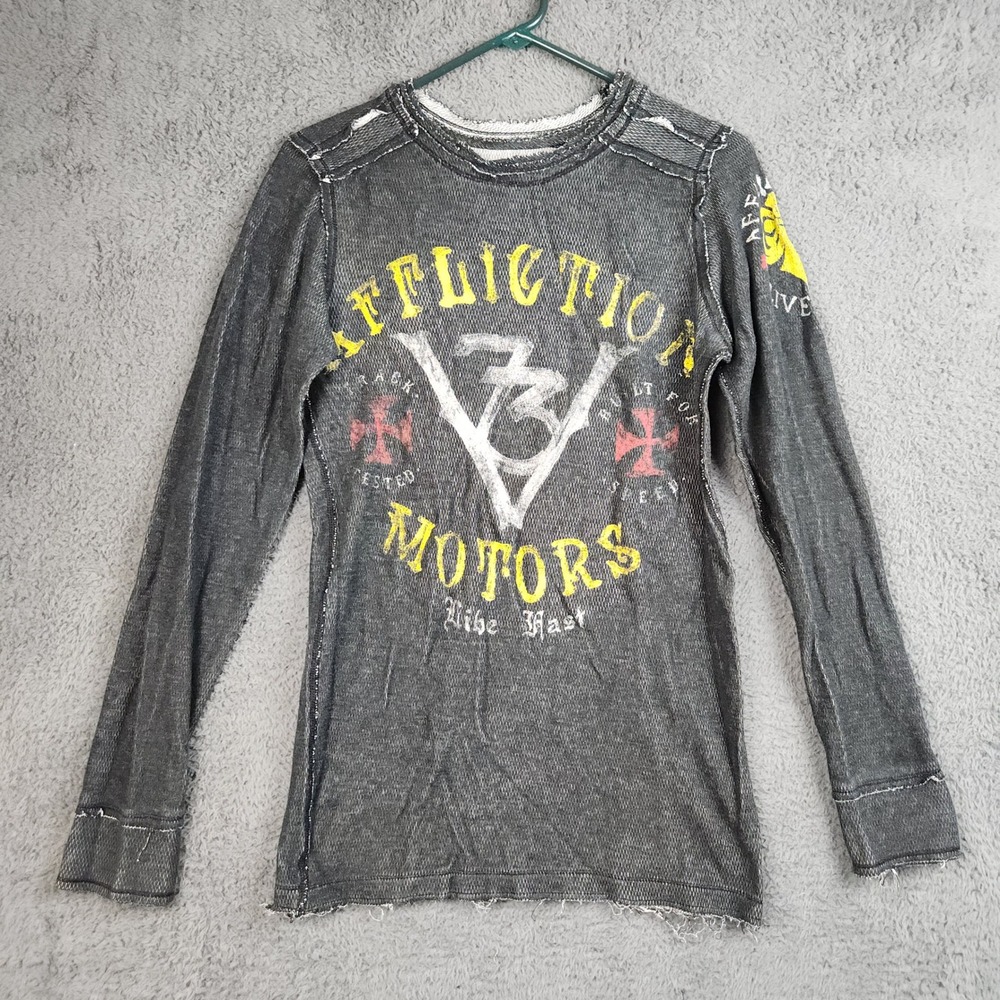 Affliction Thermal Shirt Mens Small Gray Reversible Distressed Graphic Biker MMA